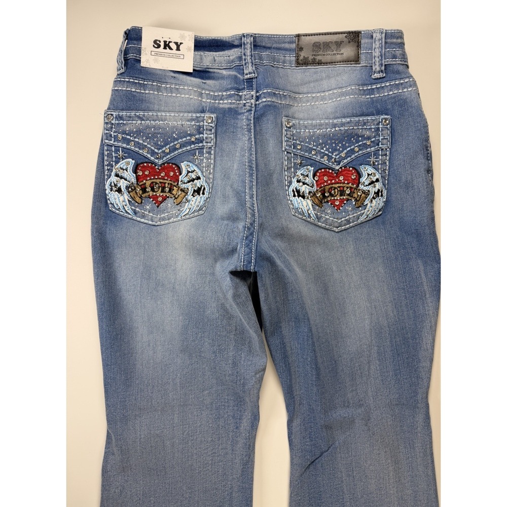 Sky Premium Womens Bootcut Jeans 13/31 Blue Embellished Angel Wings Heart